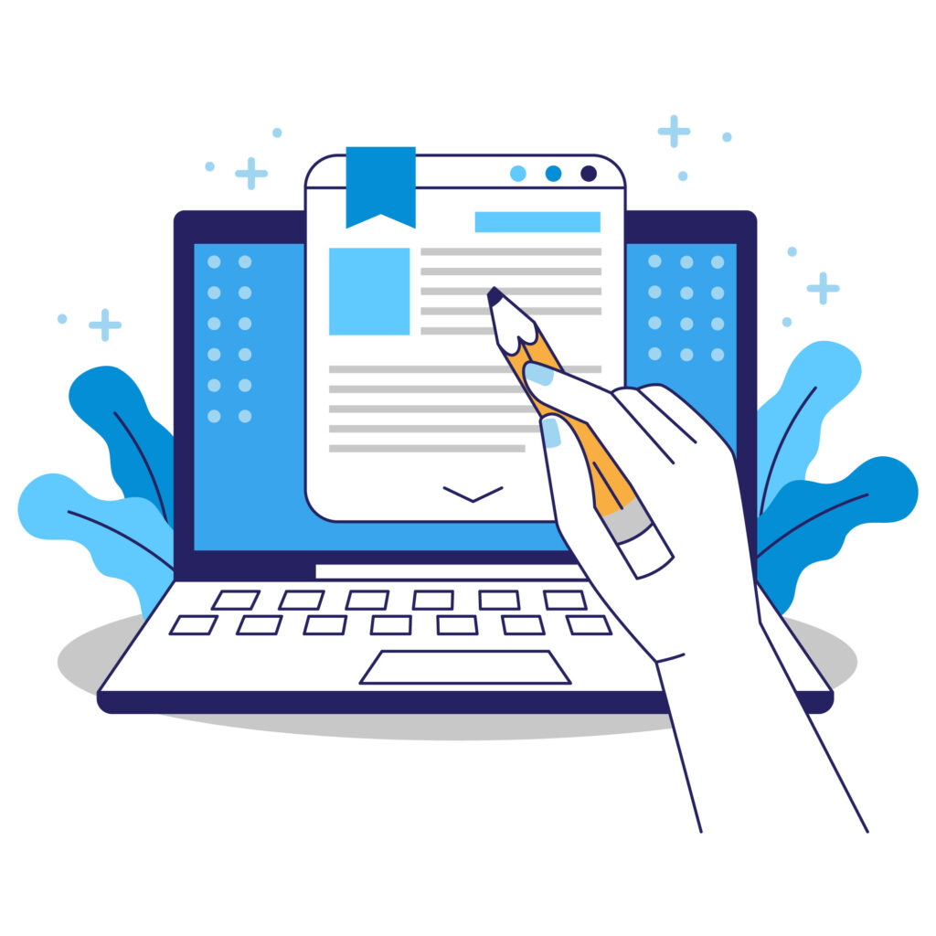 Ilustração de um notebook aberto, com uma pessoa fazendo anotações, para ilustrar artigo sobre atualizar conteúdo. Imagem: freepik.