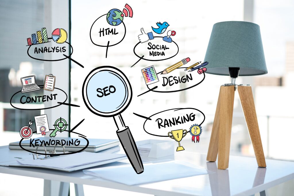 Imagem de uma lupa. Ao seu seu redor, temos balões, nos quais estão escritos conceitos de SEO. Foto: Freepik