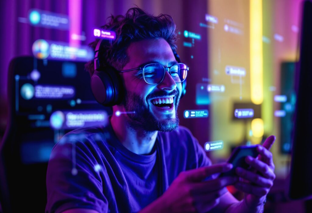 Homem sorrindo enquanto participa de gameficação. Imagem: Magnific.